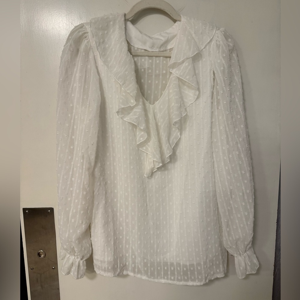 Off white semi sheer Swiss dot clip dot ruffle blouse